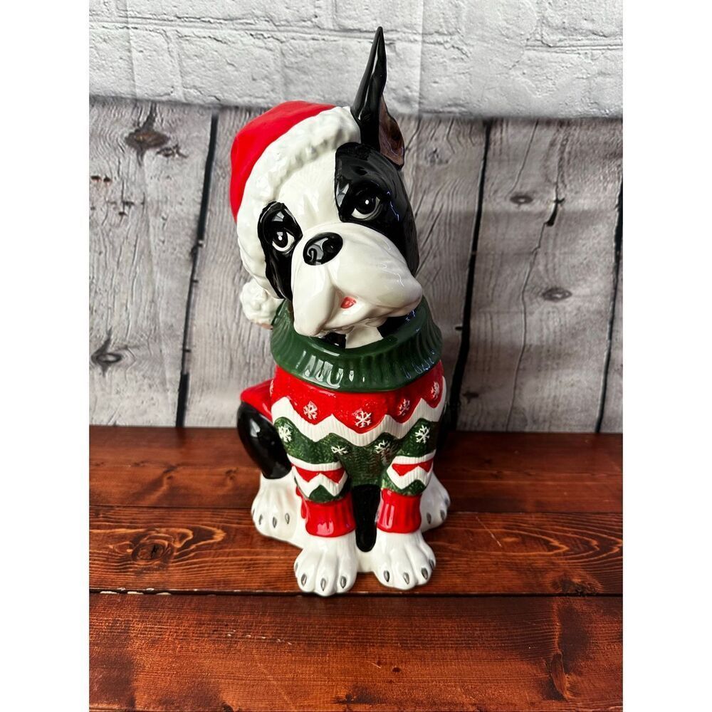 Blue Sky Clay Works Boston Terrier Christmas Cookie Jar Santa Hat Sweater 13.5”